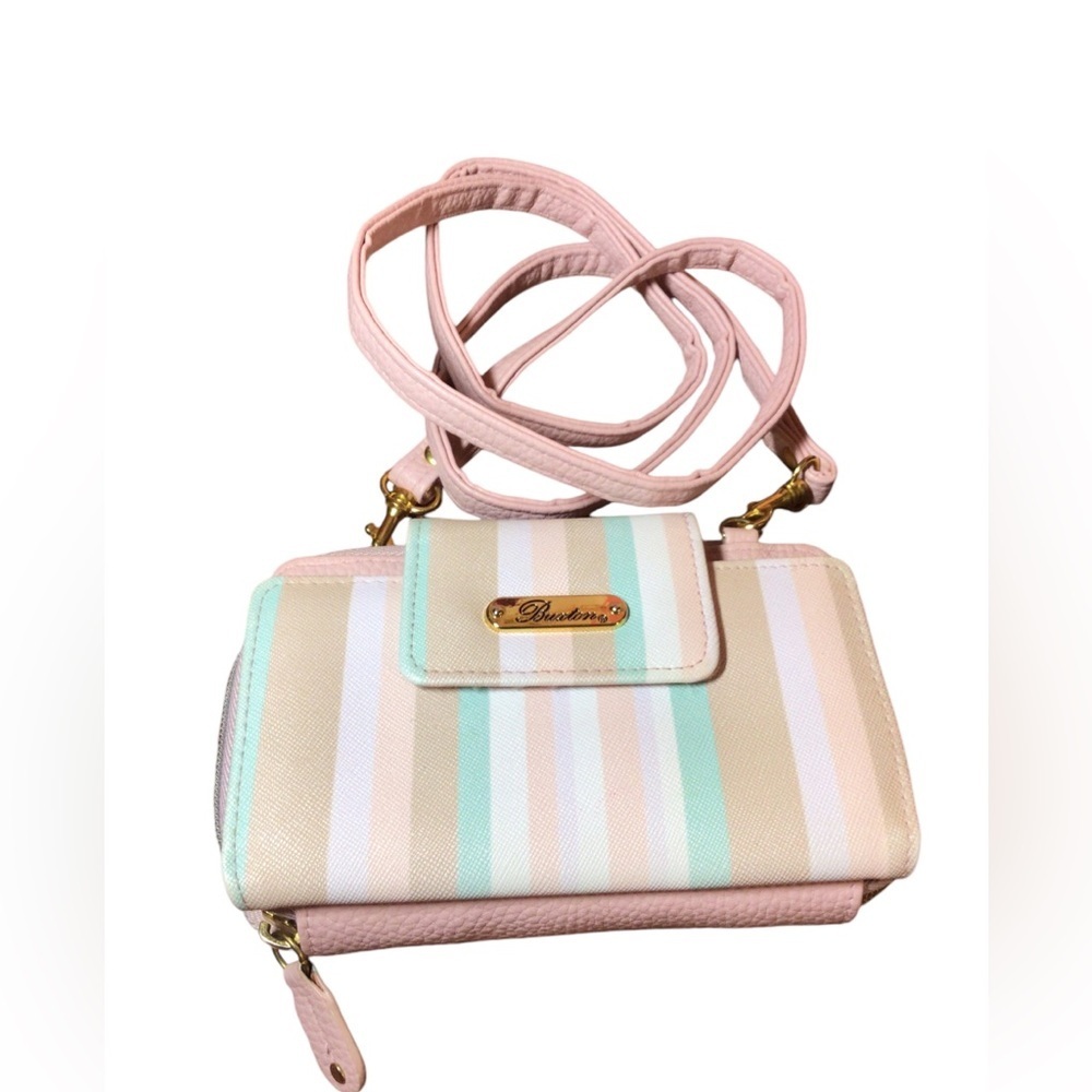 Buxton Crossbody Wallet Striped Pastel Faux Leather